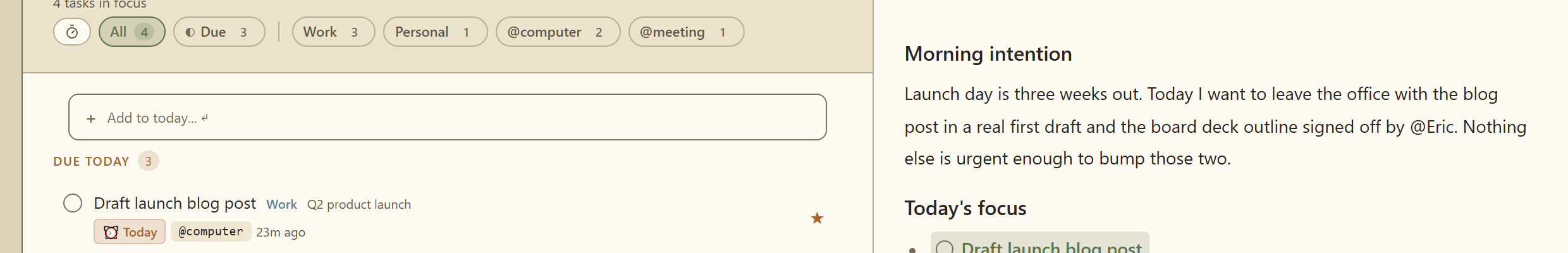 The Today view header showing the calendar event strip