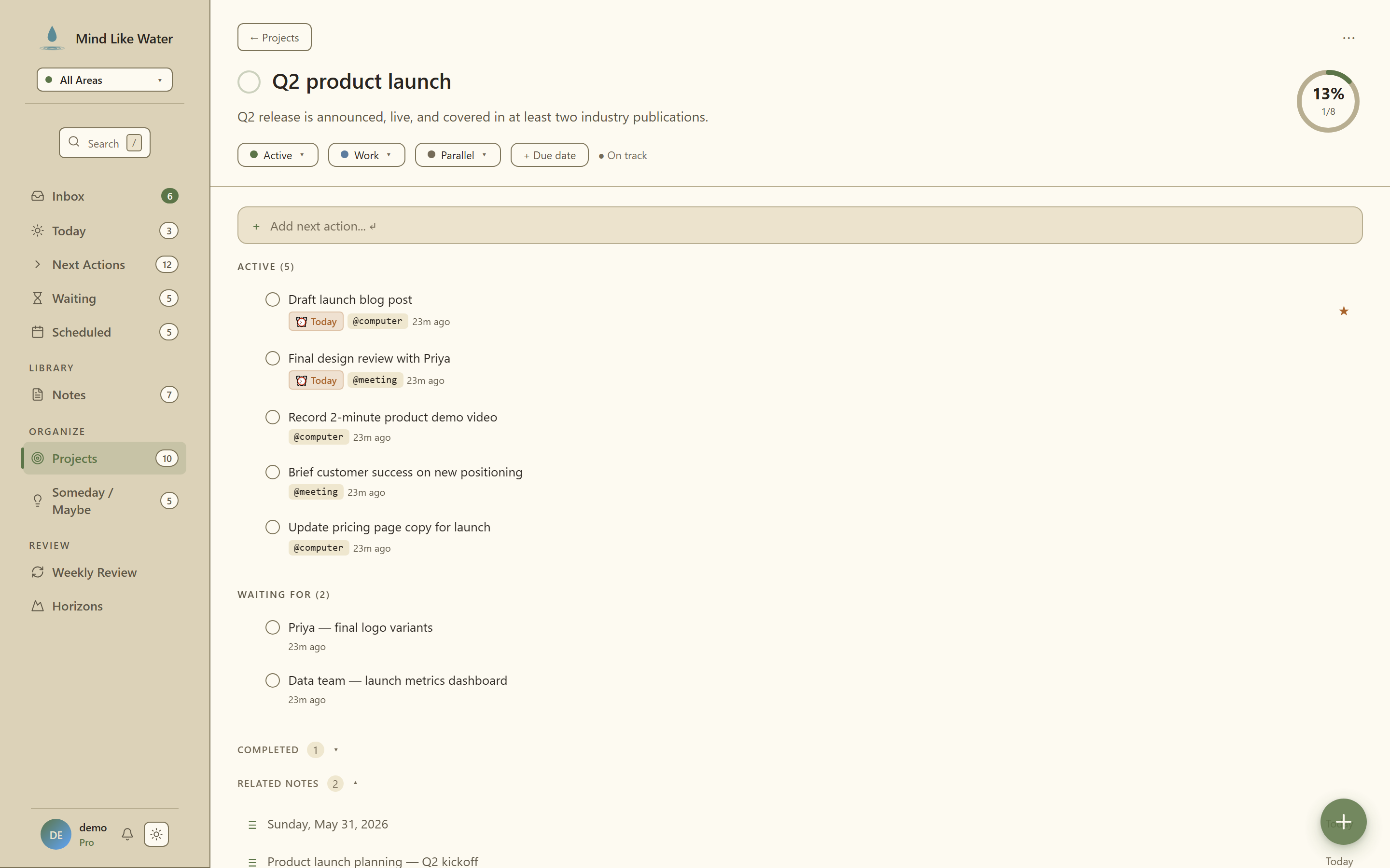 Project detail page showing tasks grouped by status with progress ring and chip rail