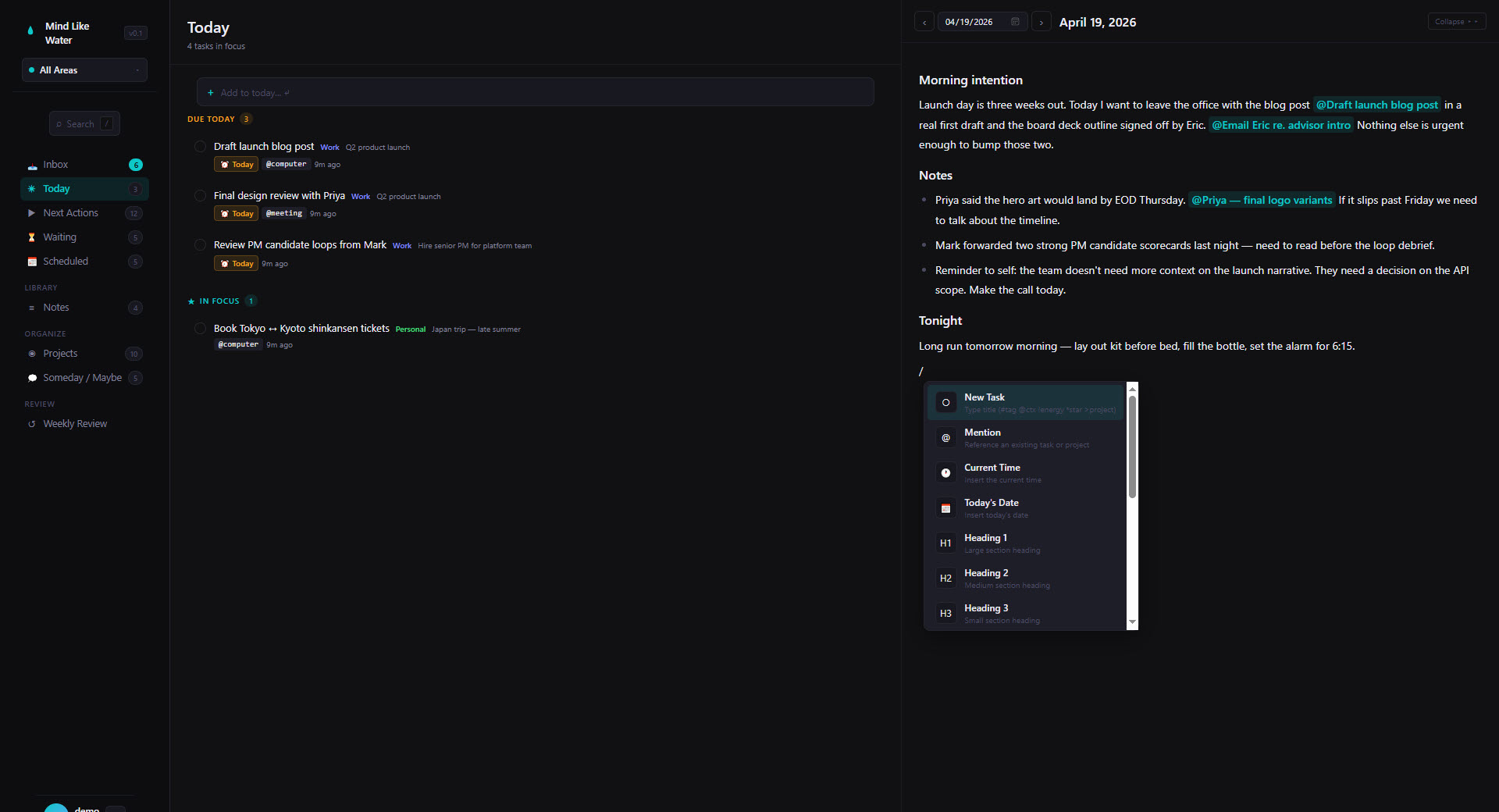 Daily page with inline task mentions and a slash-command menu open