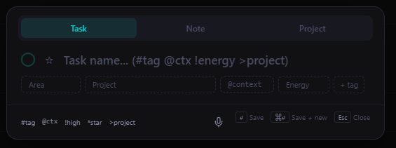 Quick capture modal — press N anywhere to drop a task or note into Inbox