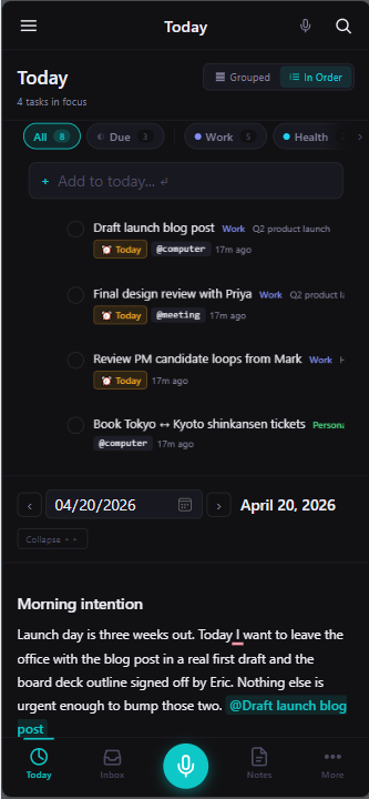 Today view on mobile — tasks, daily page, and a big voice-capture button always a tap away