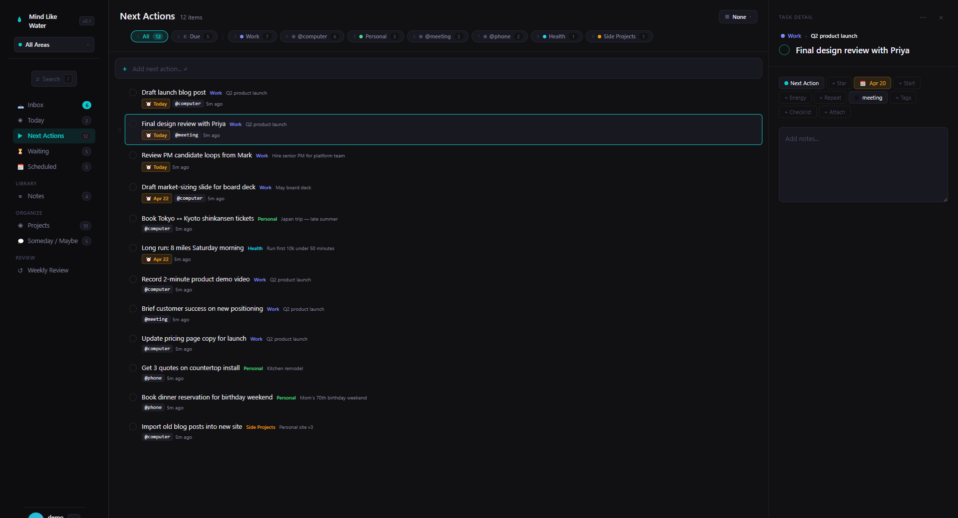 Next Actions with filter chips — slice your work by area, context, or due date in one click