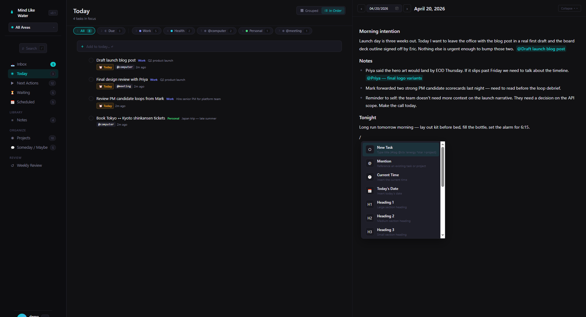 Mind Like Water — Today view with tasks and daily journal side by side