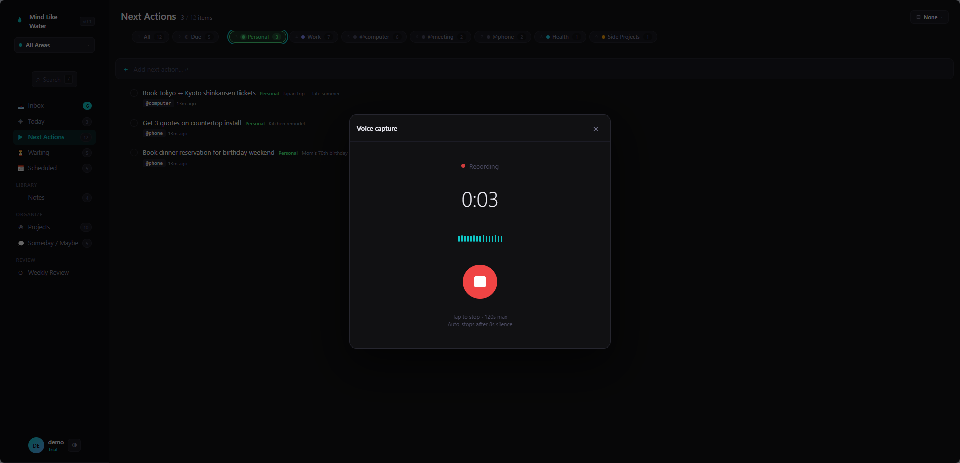Voice capture modal — tap, talk, get a structured task in return
